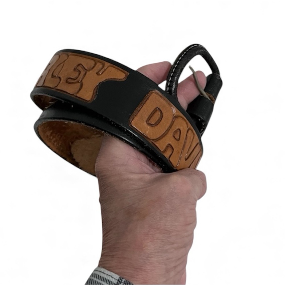 Vintage Harley-Davidson black leather belt with an embossed logo